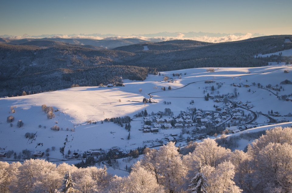 Blick vom Schauinsland über Hofsgrund zu den Alpen