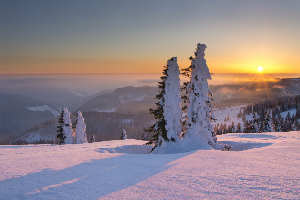 Winterlandschaft bei Sonnenuntergang am Feldberg