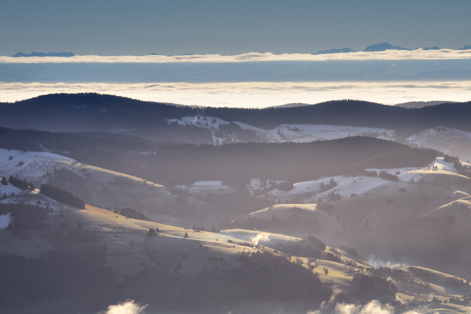 Blick vom Belchen über das Wiesental zu den Alpen