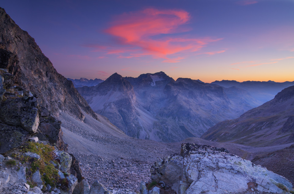 Aussicht Fuorcla Albana in der Abenddämmerung