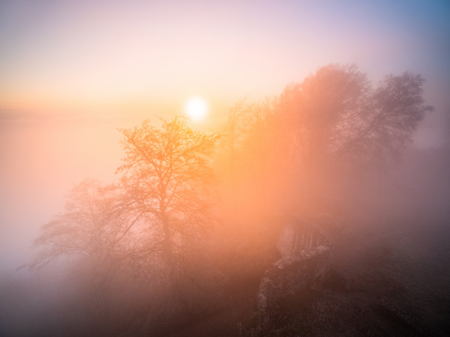 Hohenhewen bei Sonnenaufgang an der Nebelobergrenze