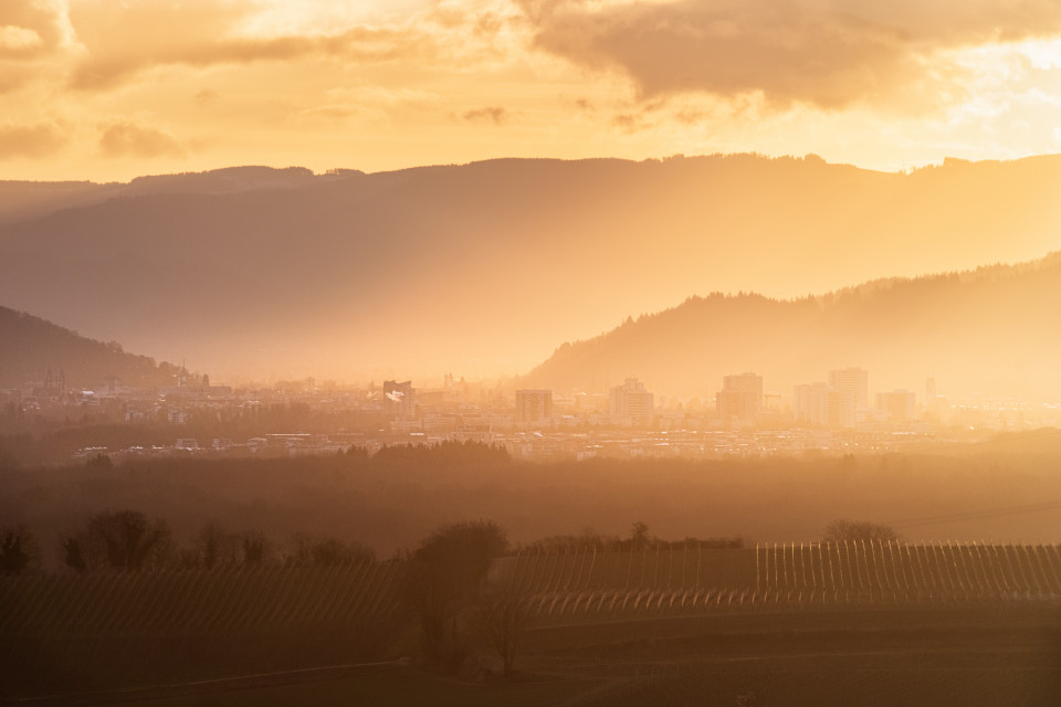 Sonnenaufgang über Freiburg vom Tuniberg aus gesehen