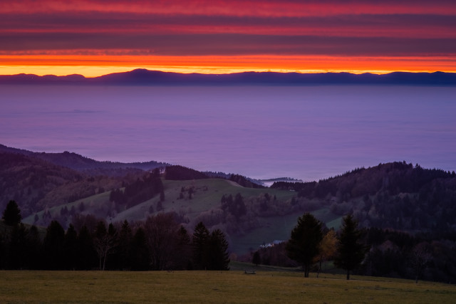 Abendstimmung bei Inversionswetterlage am Schauinsland